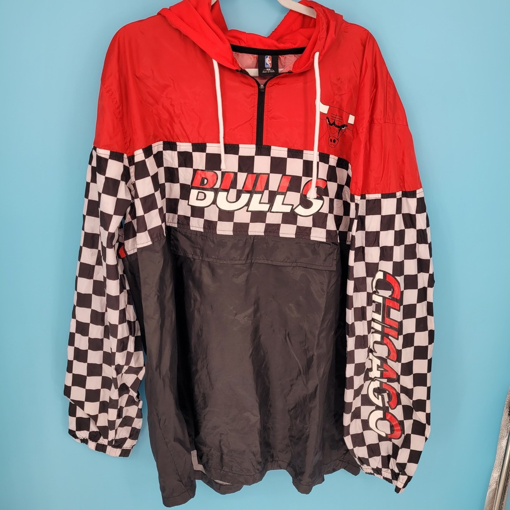 NBA Chicago Bulls Windbreaker Mens 2XL Pullover Jacket Red Black Checkered